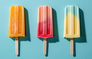 AI generated three colorful ice pops on a blue background photo