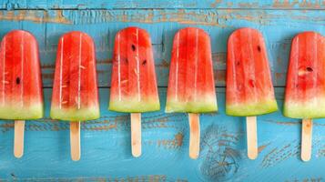 AI generated Watermelon slice popsicles displayed on a rustic blue wood background photo