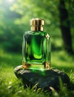 AI generated Bottle of perfume stands on stone, stone lies on green grass. photo