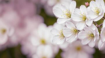 AI generated Blooming cherry tree branches white flowers close-up on blurred abstract background. photo