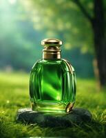 AI generated Bottle of perfume stands on stone, stone lies on green grass. photo