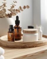 AI generated various cosmetic products on wooden trays photo