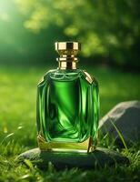 AI generated Bottle of perfume stands on stone, stone lies on green grass. photo