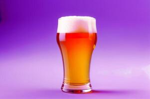 AI generated Glass of beer close-up on colorful bright blurred background. Place for text. photo