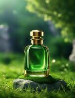 AI generated Bottle of perfume stands on stone, stone lies on green grass. photo