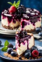 AI generated Piece of cheesecake with black currant and blueberry sauce on white plate on wooden table. Closeup view. photo