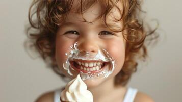 ai generado alegre niño con hielo crema foto