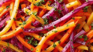 ai generado un arco iris Zanahoria ensalada, con un mezcla de naranja, púrpura, y amarillo zanahorias, afeitado dentro cintas y vestido foto