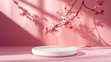 AI generated White round podium pedestal for showcasing beauty products on a stylish pink coral pastel background photo