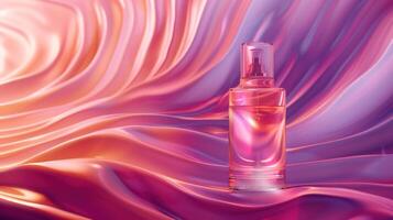 AI generated Template for cosmetic advertisements featuring a glass droplet bottle against a backdrop of abstract wavy light patterns photo