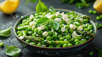 AI generated a asparagus and pea salad, with tender asparagus spears, sweet peas, and creamy feta cheese, photo