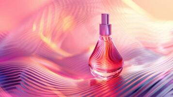 AI generated Template for cosmetic advertisements featuring a glass droplet bottle against a backdrop of abstract wavy light patterns photo