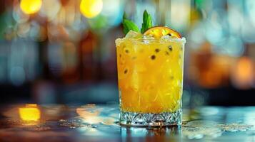 AI generated a passion fruit caipirinha, with muddled passion fruit, sugar, and cachaca, served over ice photo