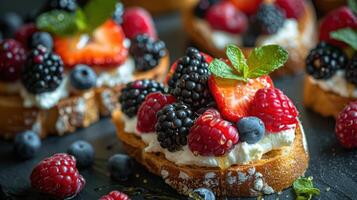 AI generated A charming image of a breakfast bruschetta, with toasted bread topped with ricotta cheese, honey, and fresh berries photo