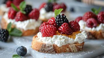 AI generated A charming image of a breakfast bruschetta, with toasted bread topped with ricotta cheese, honey, and fresh berries photo