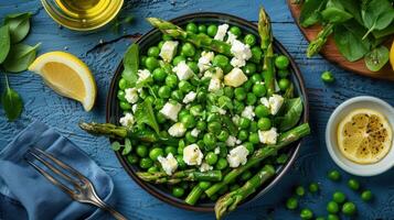 AI generated a asparagus and pea salad, with tender asparagus spears, sweet peas, and creamy feta cheese, photo