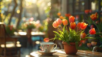 AI generated A cozy image of a coffee cup in a garden cafe, with a bouquet of tulips on the table and a warm spring breeze photo