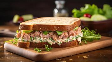 ai generado un atún ensalada sándwich, con escamoso atún mezclado con mayonesa, apio, y cebolla, servido en todo trigo un pan foto