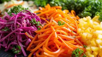 ai generado un arco iris Zanahoria ensalada, con un mezcla de naranja, púrpura, y amarillo zanahorias, afeitado dentro cintas y vestido foto