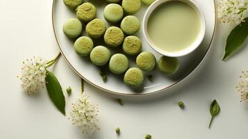 ai generado matcha tartaleta Pastelería postre bocadillo para té hora foto