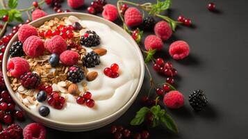 ai generado muesli cereal todo grano gachas de avena blanco Fruta sano comida foto