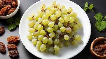 AI generated Raisin grape dry fruit snack organic on plate photo