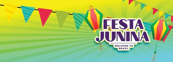 festa junina brazil festival banner with party flags and lantern decoration vector