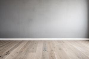 AI generated Empty room gray wall room with wooden floor photo