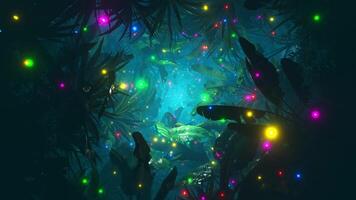 Flying through foliage in a dark jungle with lots of colorful fireflies. Infinitely looped animation video