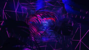 Purple and blue neon lights in a dark jungle with palm trees. Loop animation video