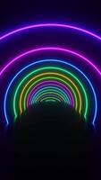 Tunnel of neon lights in dark room with black background. Vertical looped animation video