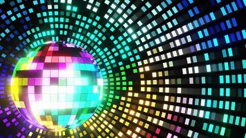 Multicolored disco ball in front of multicolored background. Loop animation video