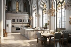 AI generated an European style kitchen interior design with tall windows advertising photography photo