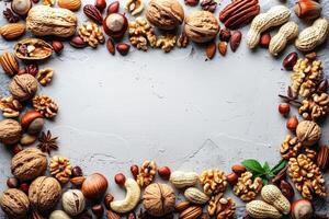 ai generado mezclado nueces día saludo tarjeta profesional publicidad comida fotografía foto