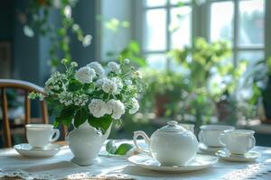 AI generated white fine porcelain on the set table professional advertising photography photo