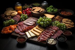 AI generated table full of different of ingredient or types of foods professional advertising food photography photo