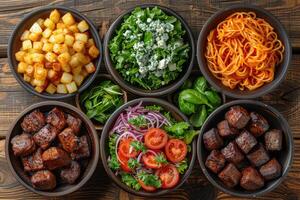 ai generado mesa lleno de diferente de ingrediente o tipos de comidas profesional publicidad comida fotografía foto