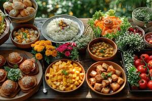 AI generated table full of different of ingredient or types of foods professional advertising food photography photo