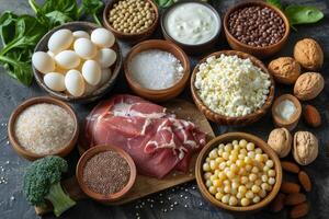 ai generado mesa lleno de diferente de ingrediente o tipos de comidas profesional publicidad comida fotografía foto