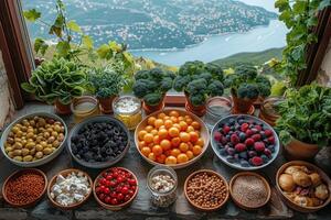 ai generado mesa lleno de diferente de ingrediente o tipos de comidas profesional publicidad comida fotografía foto