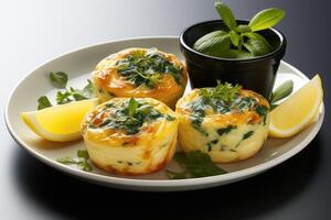 AI generated breakfast with Scrambled egg muffin cups professional advertising food photography photo