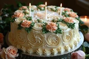 AI generated ultimate birthday cake with candle professional advertising food photography photo