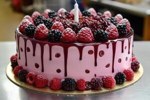 AI generated ultimate birthday cake with candle professional advertising food photography photo