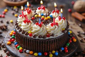 AI generated ultimate birthday cake with candle professional advertising food photography photo