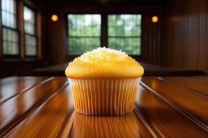 AI generated fresh muffin is served at the kitchen table professional advertising food photography photo