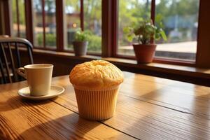 AI generated fresh muffin is served at the kitchen table professional advertising food photography photo