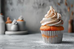 AI generated fresh muffin is served at the kitchen table professional advertising food photography photo