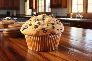 AI generated fresh muffin is served at the kitchen table professional advertising food photography photo