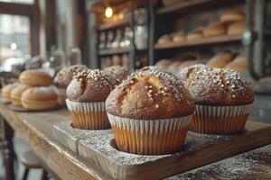 AI generated fresh muffin is served at the kitchen table professional advertising food photography photo