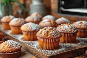 AI generated fresh muffin is served at the kitchen table professional advertising food photography photo